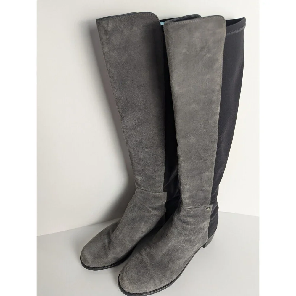 Stuart Weitzman Gray And Black 5050 Suede Knee‎ Boots Size 7.5M Stretch Low Heel